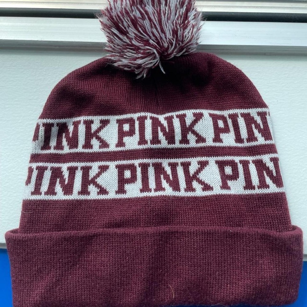 Victorias Secret PINK Maroon Burgundy Logo Pom Pom Beanie Knit Hat